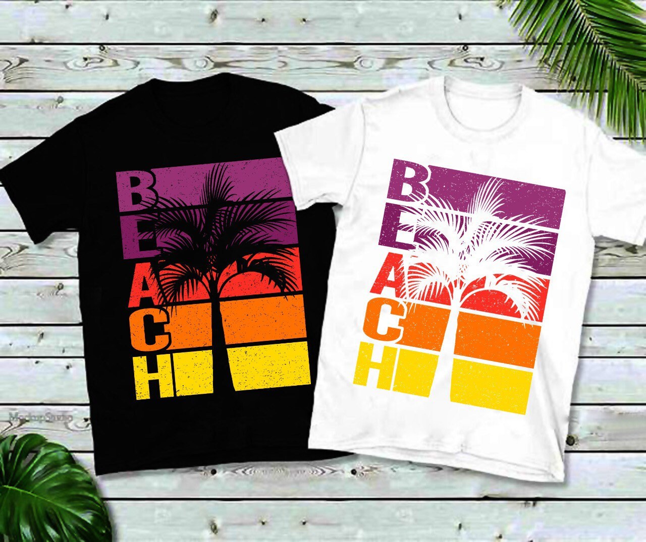 T-shirt invecchiate con ritaglio al tramonto a righe orizzontali con palme da spiaggia - plusminusco.com