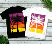 Плажни тениски с хоризонтални ивици с изрязани палми и залез - plusminusco.com