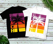 T-shirts en détresse avec palmiers de plage, rayures horizontales, découpe au coucher du soleil - plusminusco.com