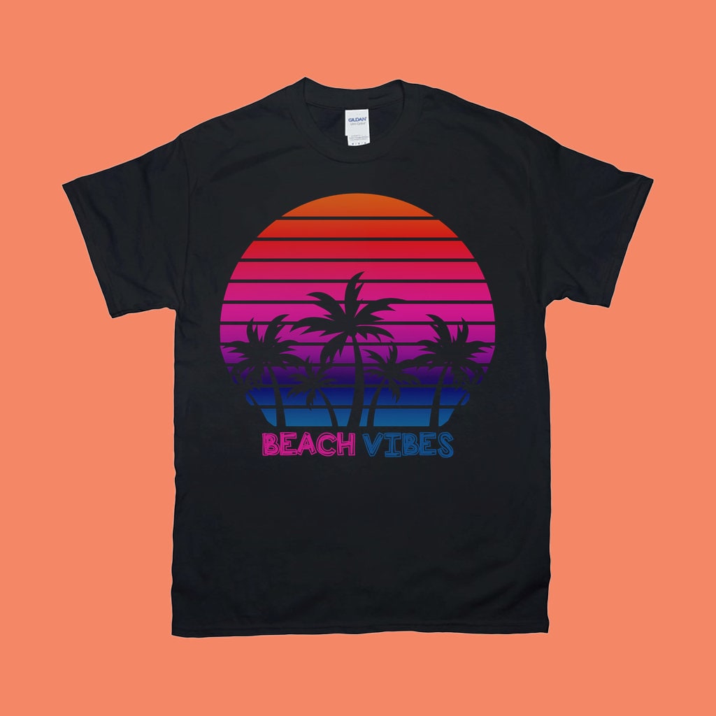 Beach Vibes | Palm Tress | Ретро футболки із заходом сонця, футболка Island Life | Літня сорочка | Сорочка для відпустки, Adventure Spring, подарунок на весняні канікули - plusminusco.com