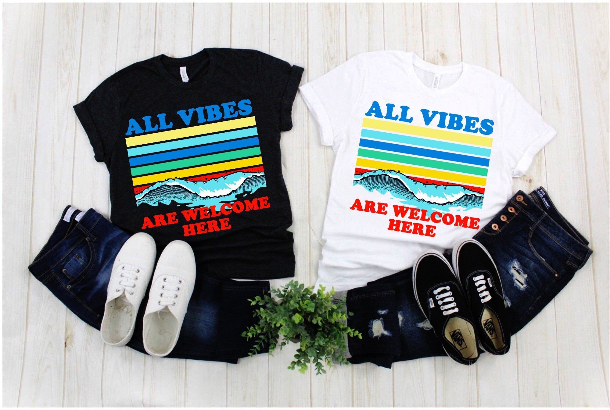 All Vibes Are Welcome Here | | Retro Sunset Waves,all vibes welcome vintage t / kindness shirt / 70s tee / mindfulness gift / hippie tops - plusminusco.com