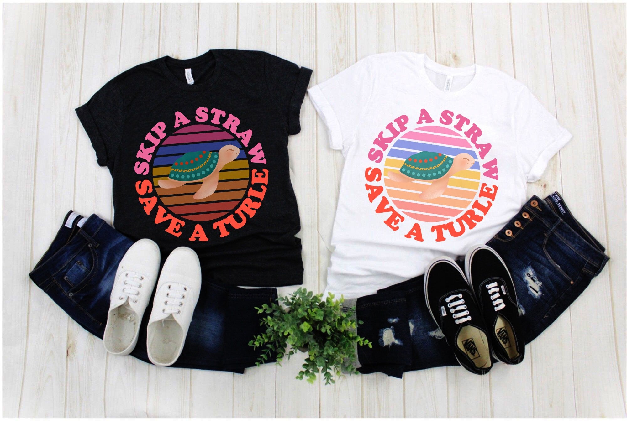 Skip A Straw Save A Turtle | Retro Sunset T-Shirts, Nature lover Tee, Eco Ocean, Environmental Activist Shirt, Love Turtle Shirt - plusminusco.com