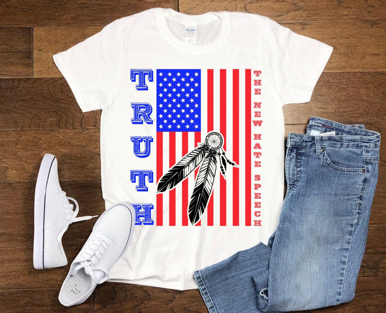 Truth The New Hate Speech | Feather | American Flag T-Shirts,Political Correctness, Conservative Republican Tees, Voter Politics,Voting Tee - plusminusco.com