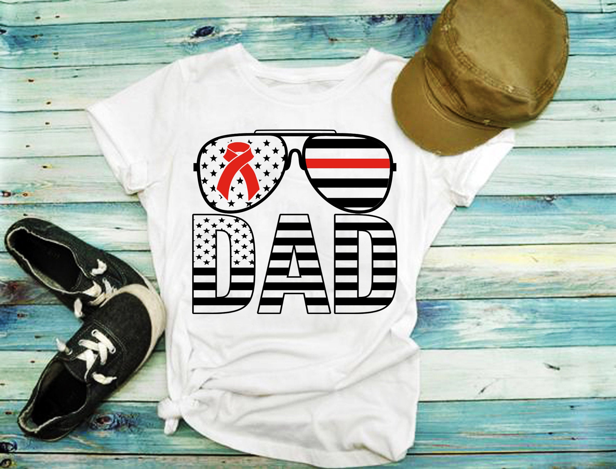 Papa | Rood-zonnebril | Bewustzijnslint | Amerikaanse vlaggen | T-shirts voor hartziekten - plusminusco.com