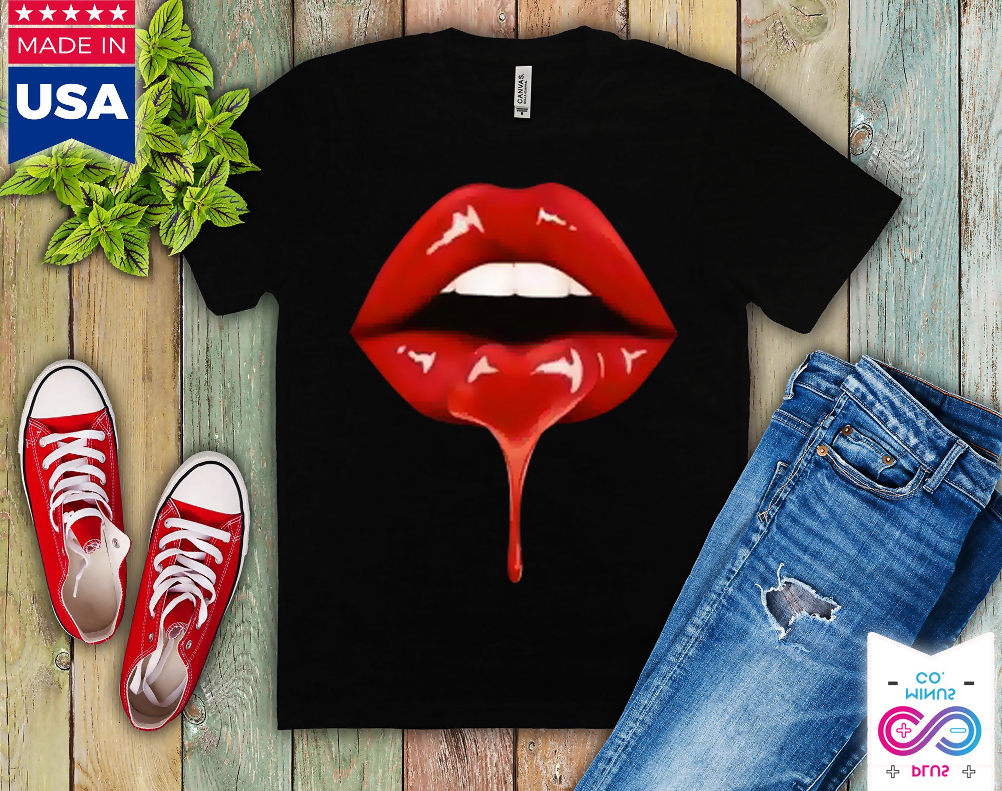 T-shirts noirs pour femmes avec lèvres imprimées drôles - plusminusco.com