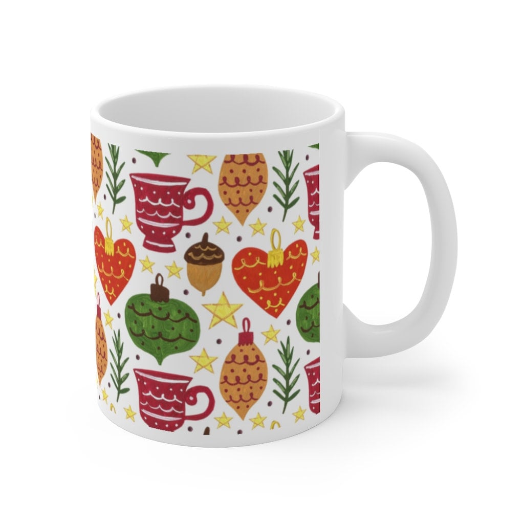 Winter Ceramic Mug, Christmas Coffee Mug, Winter Floral Mug, Christmas Gift For Her, Winter Christmas Tea Cup, Christmas Tree Ornaments Mug - plusminusco.com