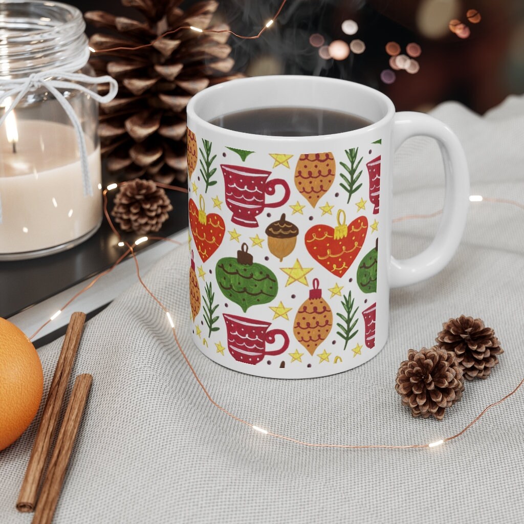 Zimní keramický hrnek, vánoční hrnek na kávu, zimní květinový hrnek, vánoční dárek pro ni, zimní vánoční hrnek na čaj, hrnek s ozdobami na vánoční stromek - plusminusco.com