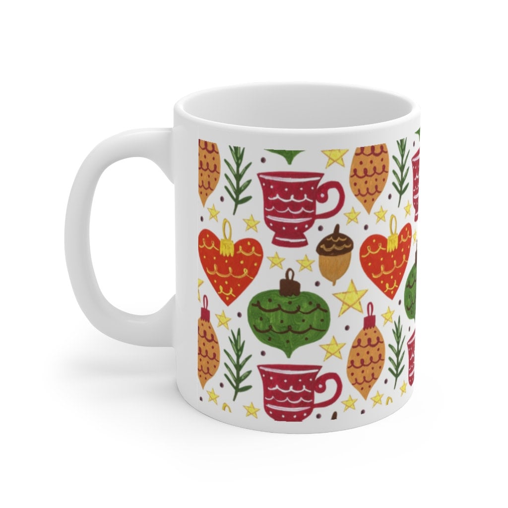 Зимна керамична чаша, коледна чаша за кафе, зимна чаша с цветя, коледен подарък за нея, зимна коледна чаша за чай, чаша с орнаменти за коледно дърво - plusminusco.com
