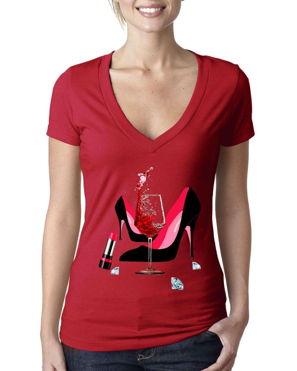 Topánky na vysokom podpätku | Rúž | Sklenené víno | Diamanty,Módne tričko s vysokým podpätkom,Ženské červené zlato Narodeninové tričko Deep V Bella Canvas Next Level - plusminusco.com