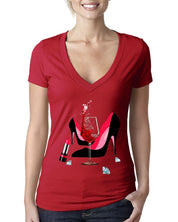 High Heel Shoes | Lipstick | Glass Wine | Diamonds ,Fashion High Heel Tee,Womans Red Gold Birthday Next Level  Deep V Bella Canvas Tee - plusminusco.com