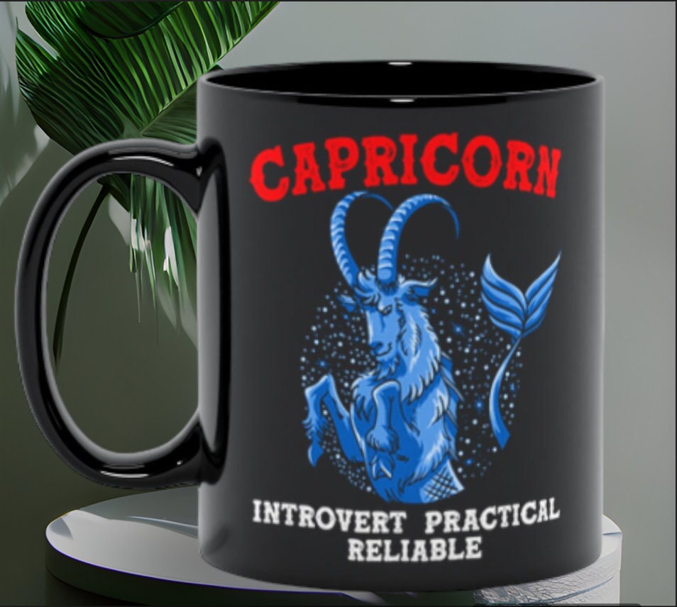 Capricorn Qualities  Introvert, Practical, Reliable Black Mugs, Capricon Zodiac design Mug, Capricon Gift ideas, December Born, January Born - plusminusco.com