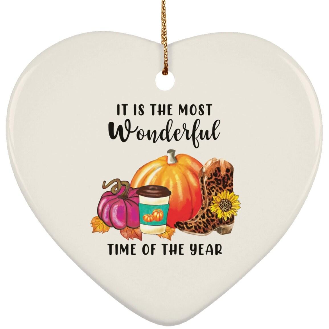 Its the  most wonderful time of year  Ceramic Heart Ornament, happy fall pumpkin latte, fall leaves, pink pumpkin necklace - plusminusco.com