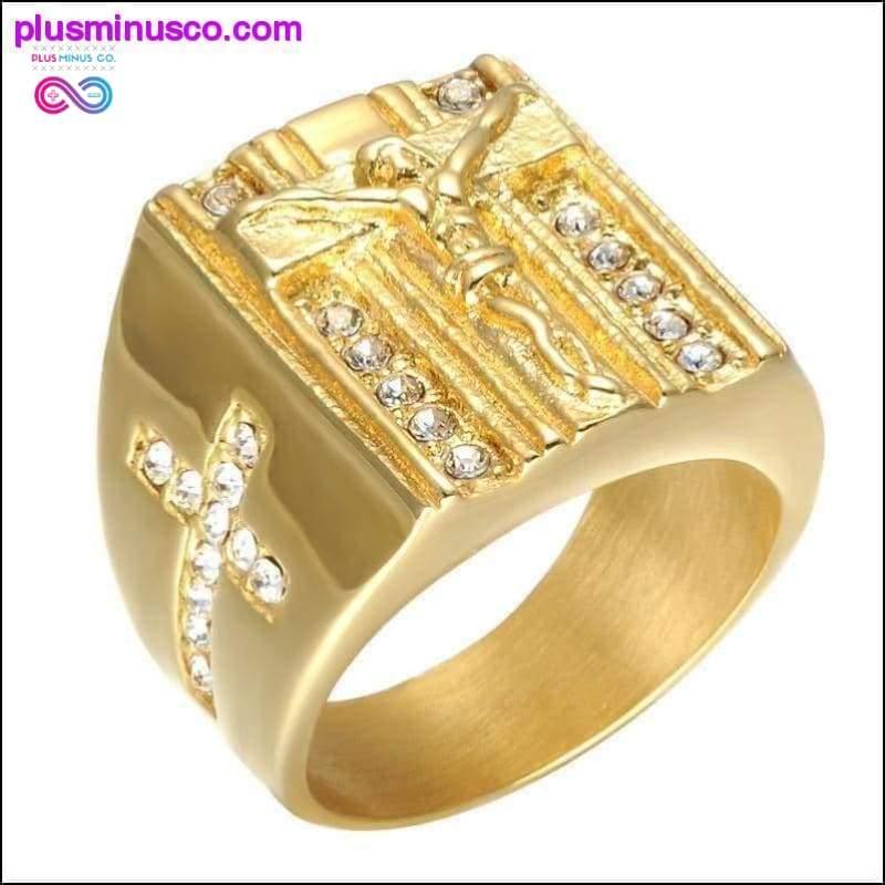 Ježíš Cross White Cubic Zirconia Ring for Men Gold Tone - plusminusco.com