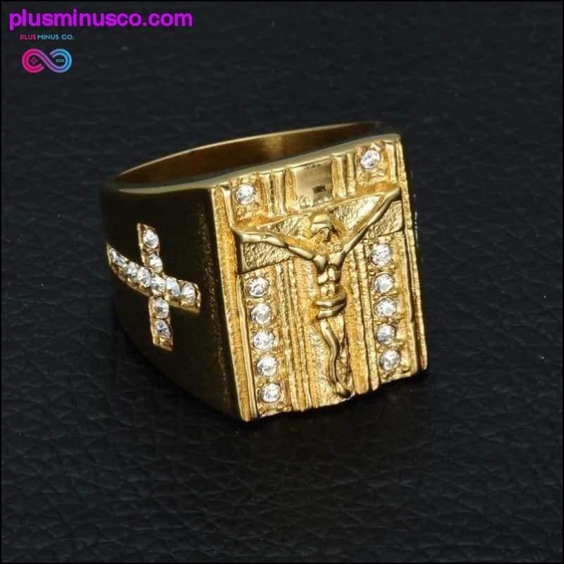 Isusov križ od bijelog kubnog cirkonija prsten za muškarce zlatne boje - plusminusco.com