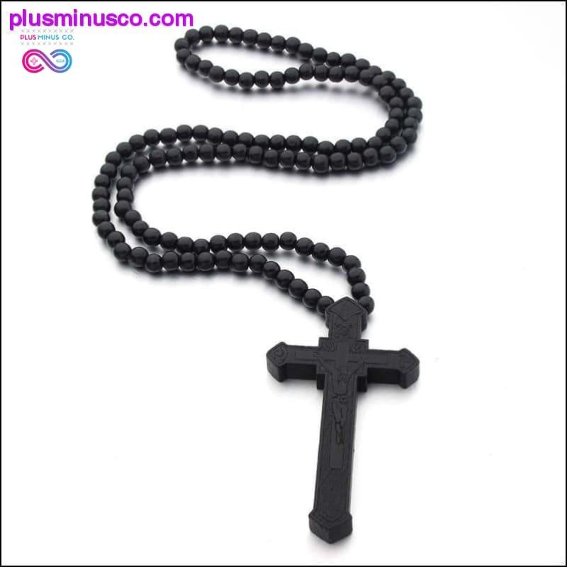 Хрест Ісуса з різьбленою вервицею з дерев'яної намистини, довга підвіска - plusminusco.com