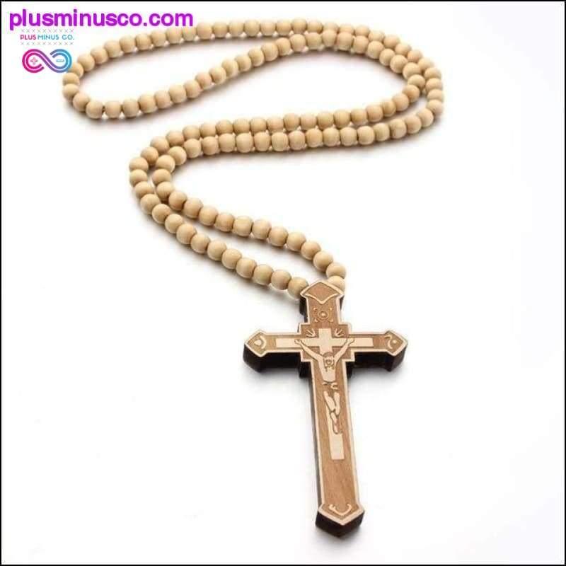 Ježiš kríž s drevenými korálkami vyrezávaný ruženec dlhý prívesok - plusminusco.com