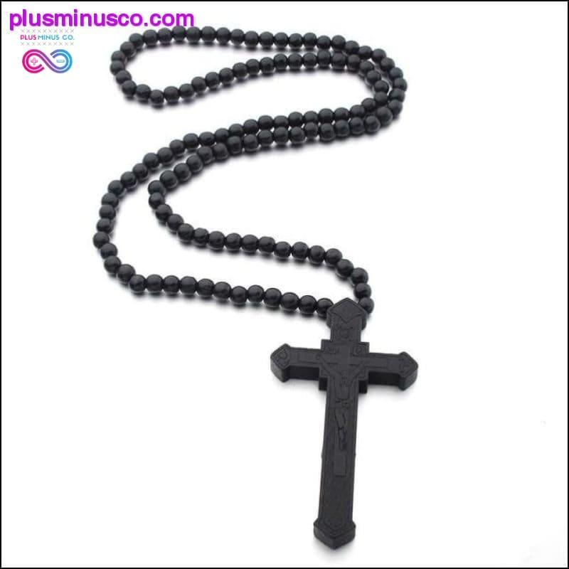Krzyż Jezusa z rzeźbionym drewnianym koralikiem, długi wisiorek-różaniec - plusminusco.com