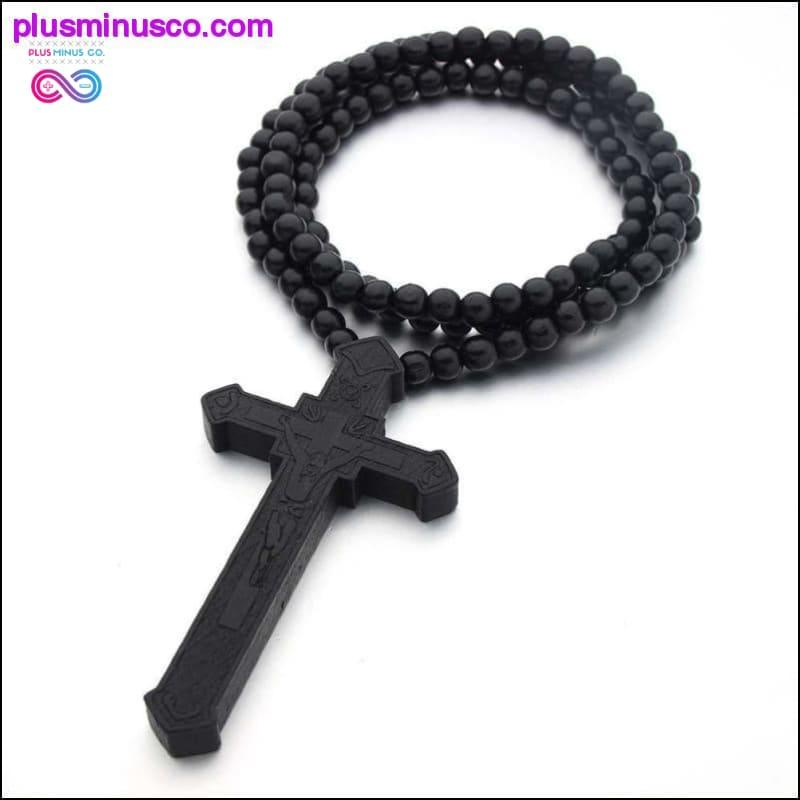 Isusov križ s drvenim perlama, dugi privjesak s krunicom - plusminusco.com