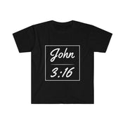 John 3:16 남녀공용 소프트스타일 티셔츠, 신앙, 기독교 티셔츠, 맞춤형 영적 선물, 친구를 위한 맞춤 교회 티셔츠, 종교 티셔츠 - plusminusco.com