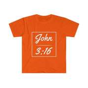 John 3:16 T-shirt unisex Softstyle, wiara, koszulka chrześcijańska, spersonalizowany prezent duchowy, niestandardowa koszulka kościelna dla przyjaciół, koszulka religijna - plusminusco.com