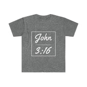John 3:16 Unisex Softstyle T-shirt, geloof, christelijk t-shirt, gepersonaliseerd spiritueel cadeau, aangepaste kerk tee voor vrienden, religieuze tee - plusminusco.com
