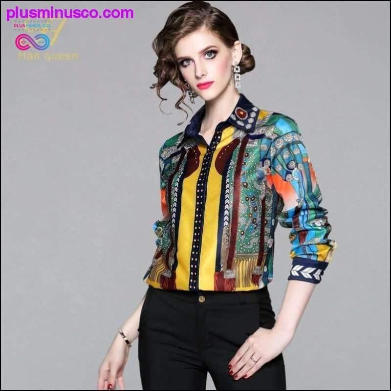 Lady Blusa Turn-down Collar Vintage Print Tops New Elegant - plusminusco.com