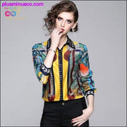 Lady Blusa Turn-down Collar Vintage Print Tops New Elegant - plusminusco.com