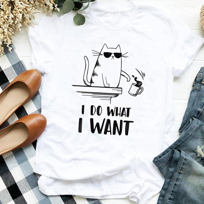 Lady Cat Funny Coffee Short Sleeve Cute Print Casual T Tee Womens Tshirt for Female Shirt Clothes Top Graphic T-shirt - plusminusco.com