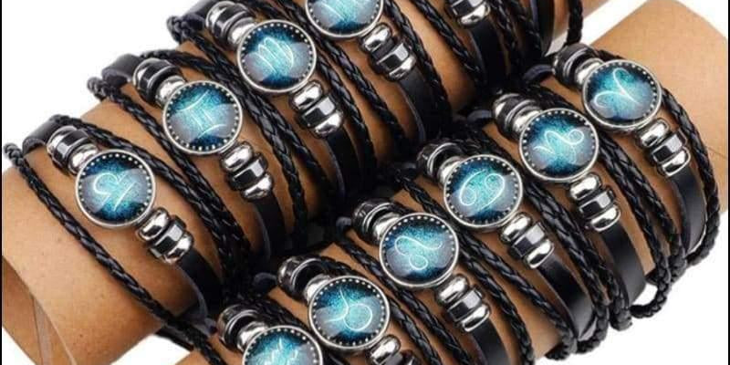 Кожаный браслет с подвеской «Зодиак» синего цвета - plusminusco.com