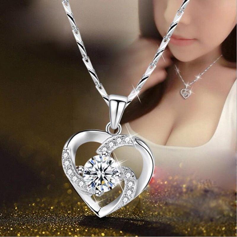 LMNZB New Luxury Crystal CZ Heart Pendant Choker Necklace Original 925 Silver Chain Necklaces For Women Wedding Jewelry Gifts - plusminusco.com
