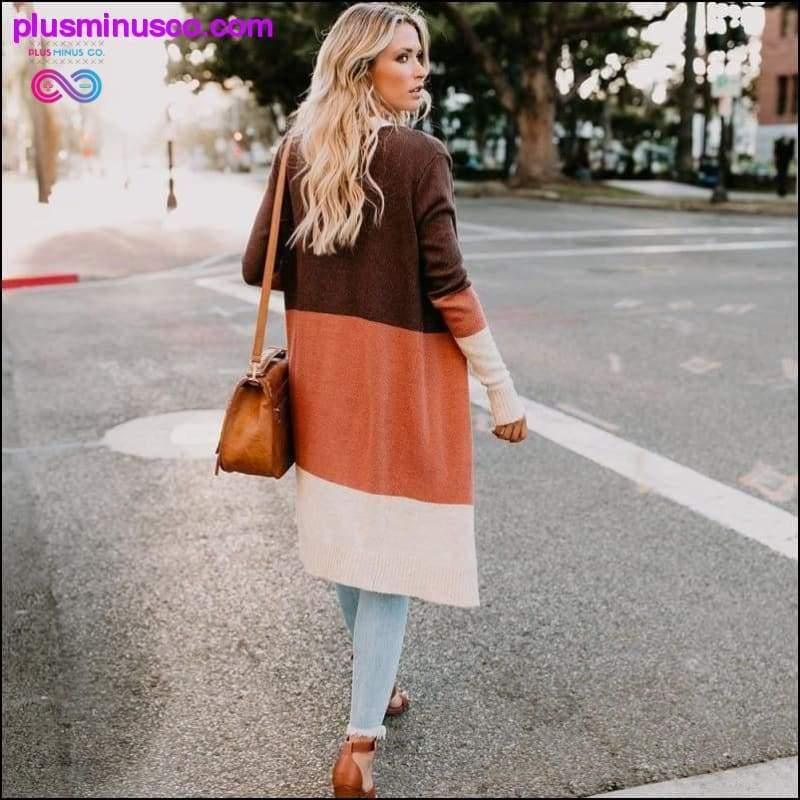 Long Cardigan Women Collarless Long Sleeve Color Block Open - plusminusco.com