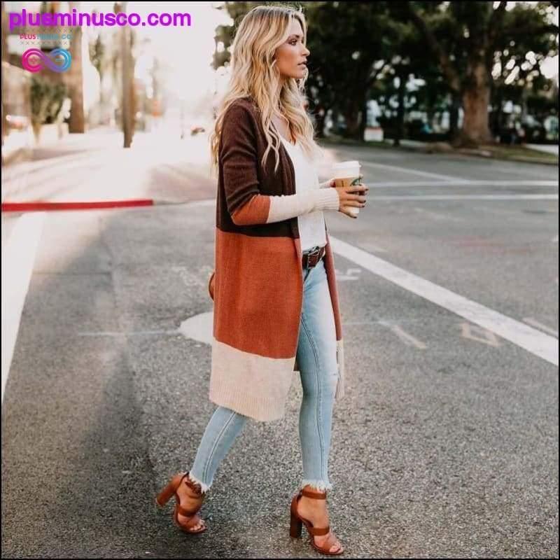Long Cardigan Women Collarless Long Sleeve Color Block Open - plusminusco.com