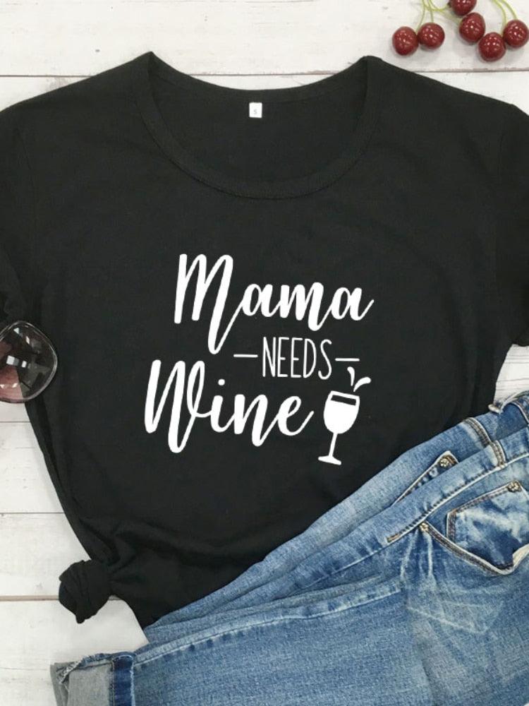 Mama Needs Wine Letter Print T Shirt Mulheres Manga Curta O Pescoço Solto Camiseta Feminina Feminina Verão Moda Camiseta Tops Roupas - plusminusco.com