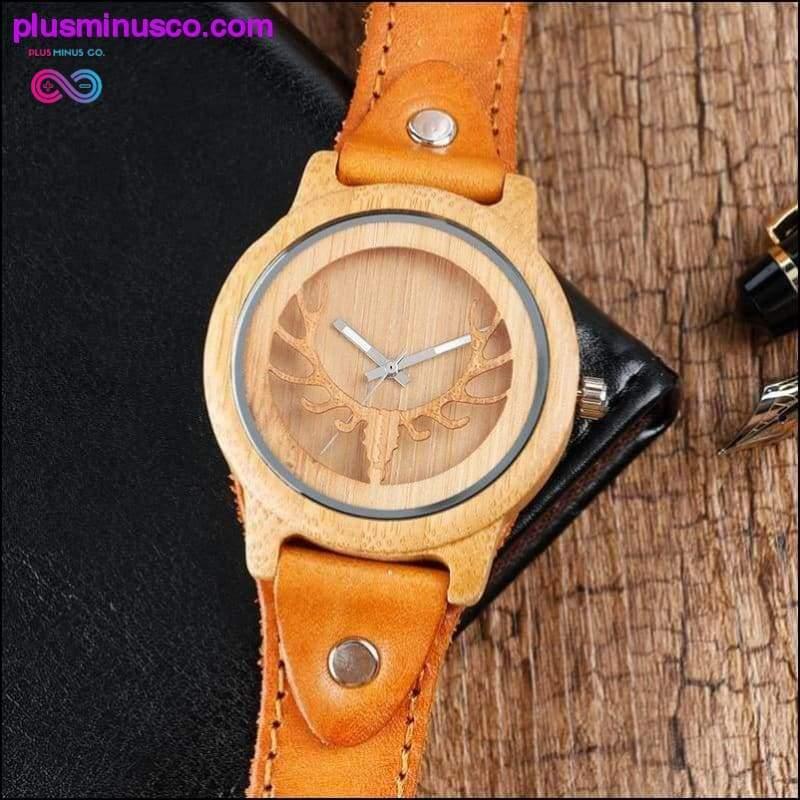 Reloj de pulsera de bambú con cara de alce, ciervo y alce - plusminusco.com