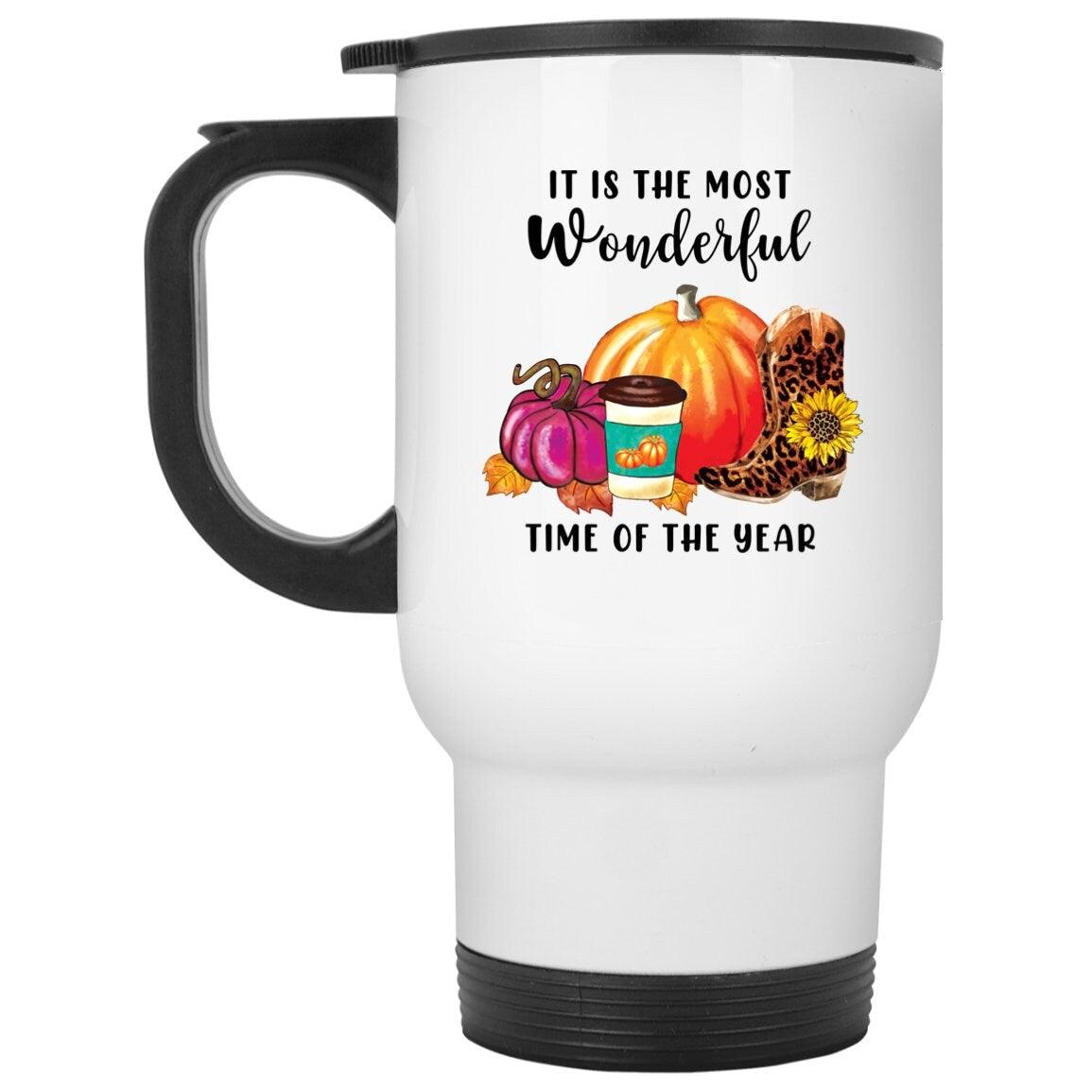 Most Wonderful Time Halloween Coffee Mug, Pumpkin Spice Mug, Cute Fall Y'all White Travel Mug, Autumn Mug Gift For Her - plusminusco.com