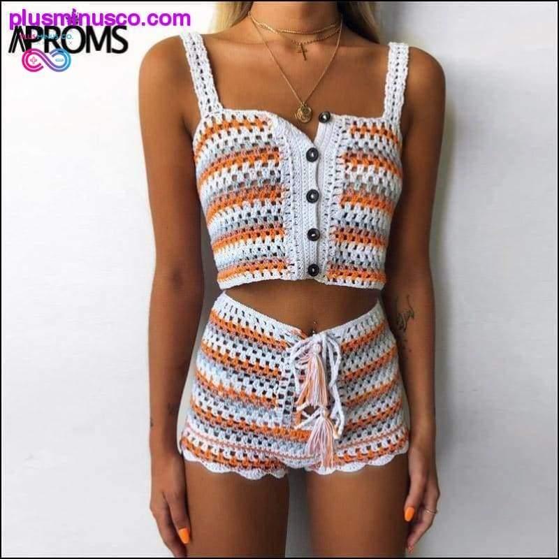 Multi Color Knitted Crochet Crop Top and Shorts Summer Beach - plusminusco.com