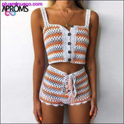 Multi Color Knitted Crochet Crop Top and Shorts Summer Beach - plusminusco.com