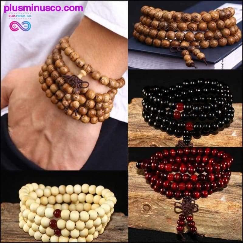 Flerlags 108 Wood Beads Lotus OM tibetansk armbånd - plusminusco.com