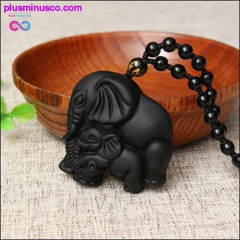 Naturalny czarny obsydian, ręcznie rzeźbiony wisiorek słoń - plusminusco.com