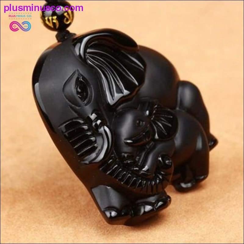 Pingente de elefante natural esculpido à mão em obsidiana preta - plusminusco.com