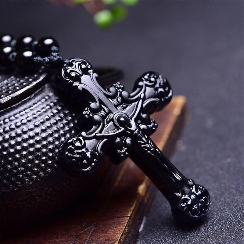 Natural Black Obsidian Jesus Cross Pendant Beads Necklace Fashion Charm Jewellery Hand-Carved Lucky Amulet Gifts Her Women Men - plusminusco.com