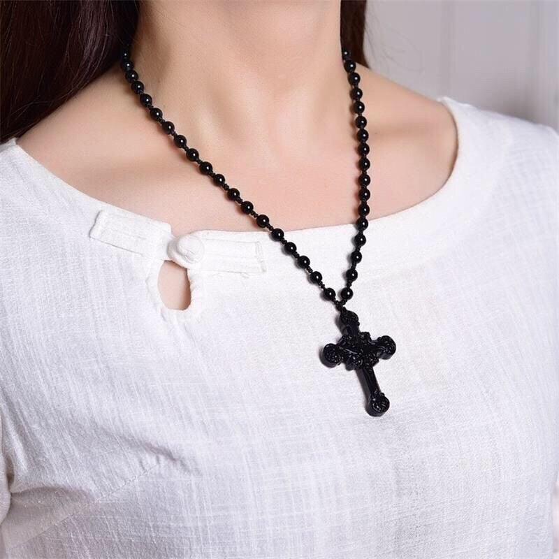 Natural Black Obsidian Jesus Cross Pendant Beads Necklace Fashion Charm Jewellery Hand-Carved Lucky Amulet Gifts Her Women Men - plusminusco.com