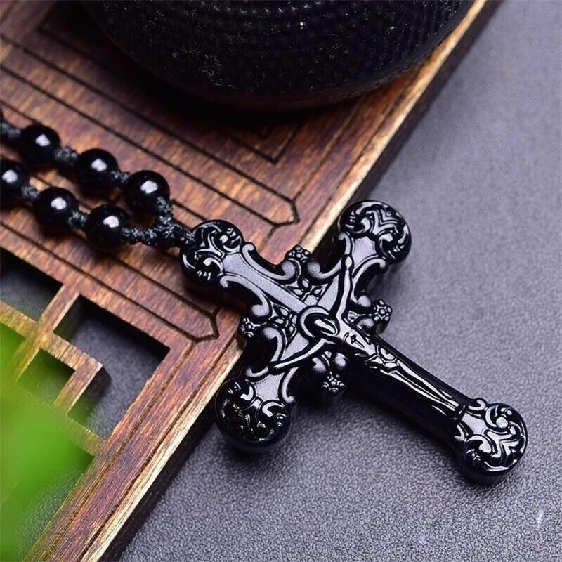 Natural Black Obsidian Jesus Cross Pendant Beads Necklace Fashion Charm Jewellery Hand-Carved Lucky Amulet Gifts Her Women Men - plusminusco.com