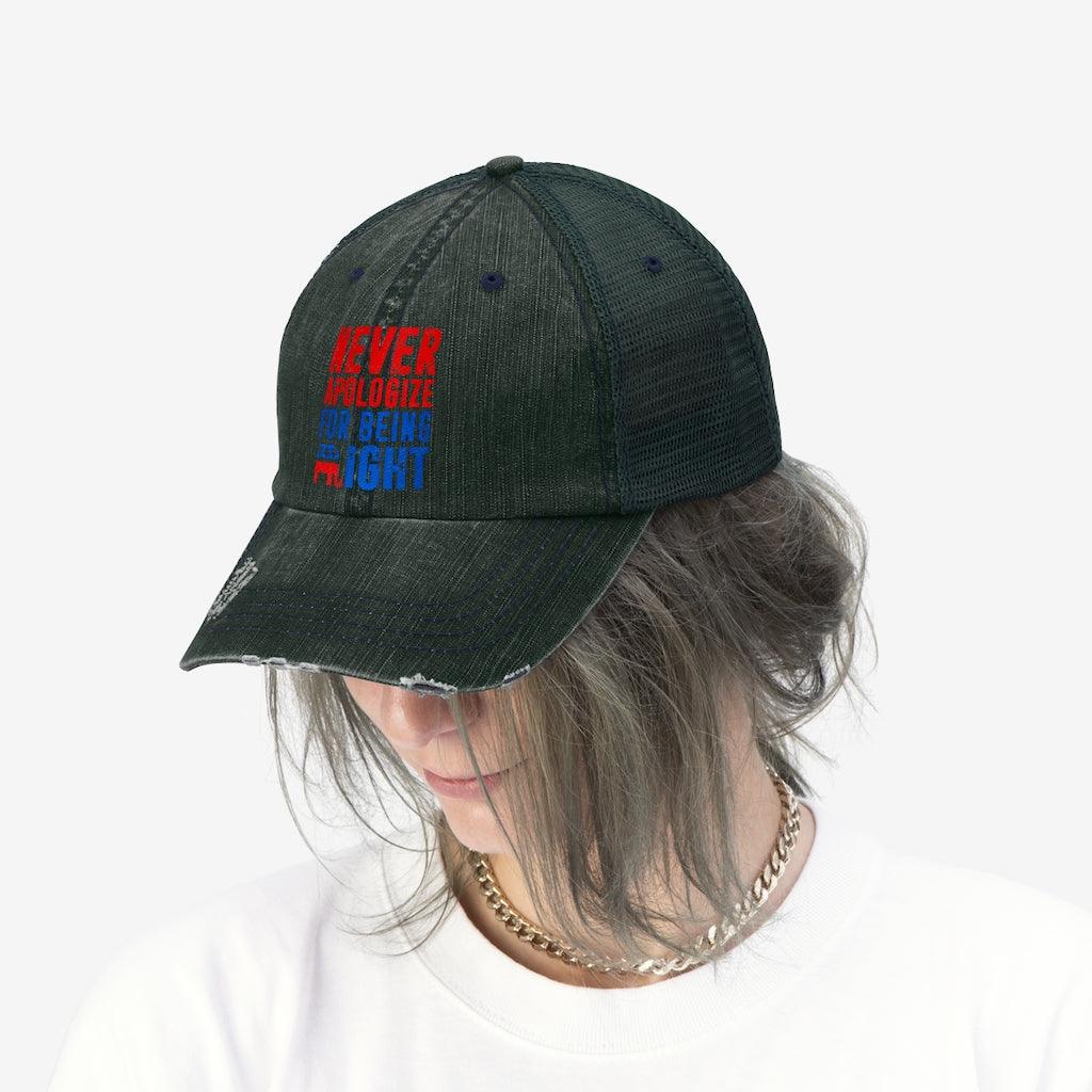 Never Apologize for being right Unisex Trucker Hat Accessories, Embroidery, Hats - plusminusco.com