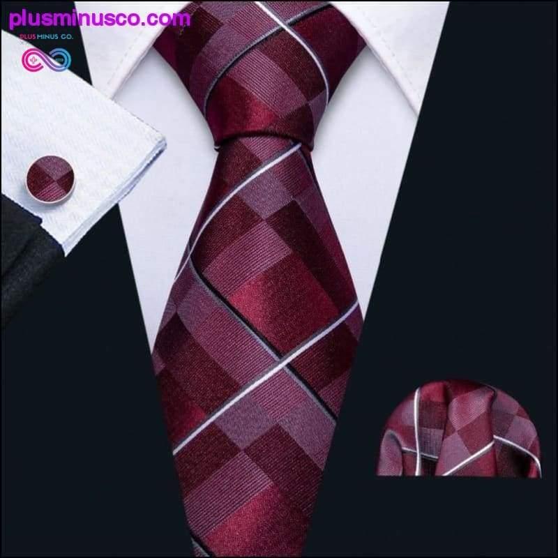 Nuevo Corbata de boda para hombre Corbata de seda a cuadros rojos Conjunto de pañuelo Barry.Wang - plusminusco.com