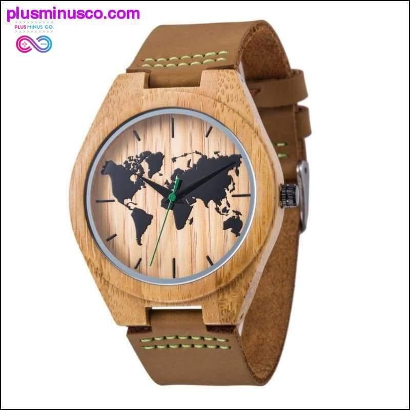 Novo mapa mundial masculino couro genuíno relógio de quartzo madeira bambu - plusminusco.com