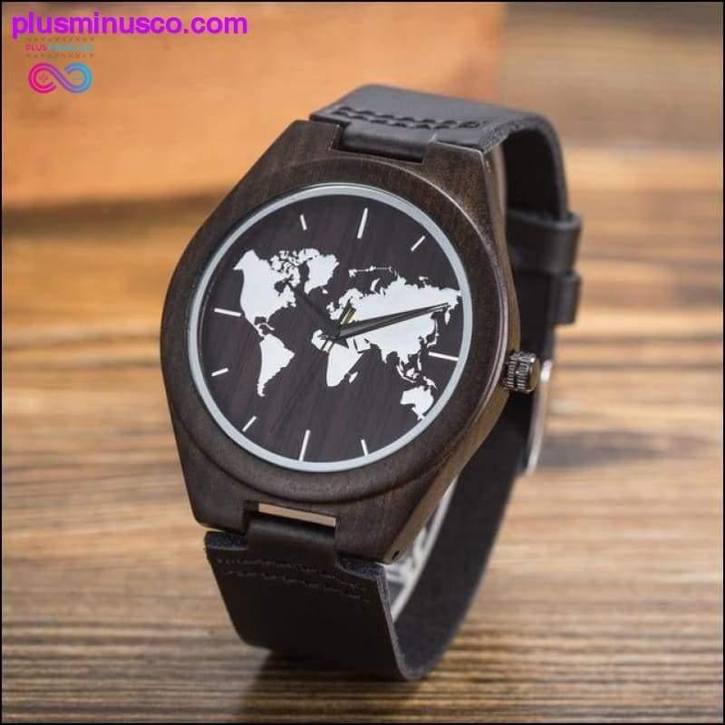 Jaunā pasaules karte Vīriešu īstas ādas kvarca pulkstenis no koka bambusa — plusminusco.com