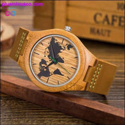 New World Map Mens Genuine Leather Quartz Watch Wood Bamboo - plusminusco.com