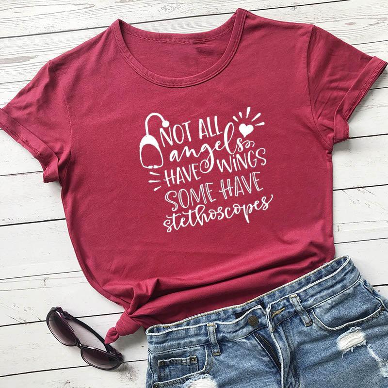 Not All Angels Have Wings Graphic Funny Women's T-Shirt Summer Casual 100%Cotton Short Sleeve tops tee Gift For Nurse White angel Gift - plusminusco.com