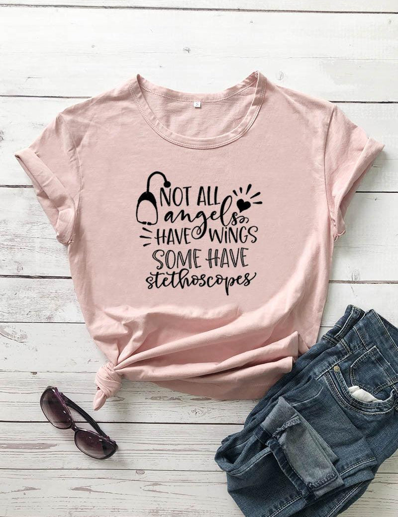 Not All Angels Have Wings Graphic Funny Women's T-Shirt Summer Casual 100%Cotton Short Sleeve tops tee Gift For Nurse White angel Gift - plusminusco.com